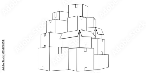 set of cardboard boxes line art, black outline, vector and illustration, coloring book page line art drawing
