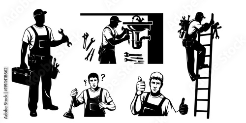 Plumber silhouettes, Plumber man silhouettes set
