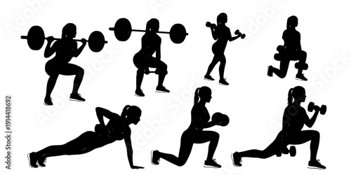 Woman weightlifting silhouettes, Woman fitness exercise silhouettes
