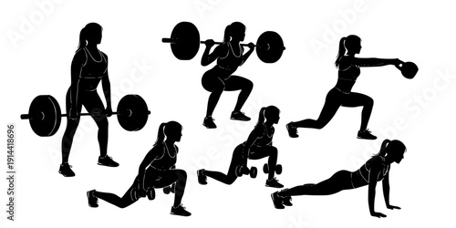 Woman weightlifting silhouettes, Woman fitness exercise silhouettes

