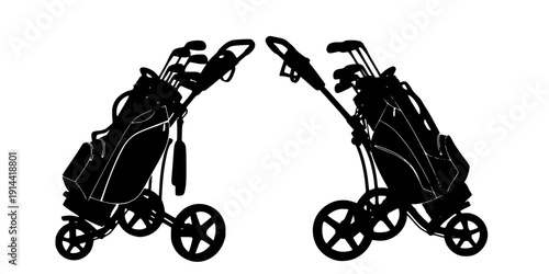 Golf push cart silhouette, Golf pull cart silhouette, Golf push cart, Golf pull cart, Golf bag trolley silhouette, Bag trolley, Golf pushcart vector
