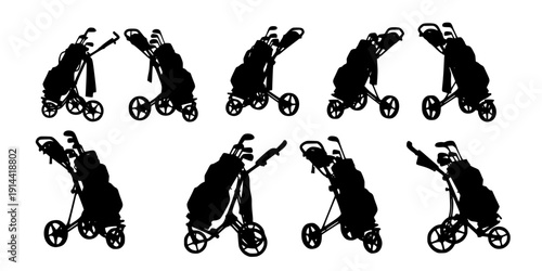 Golf push cart silhouette, Golf pull cart silhouette, Golf push cart, Golf pull cart, Golf bag trolley silhouette, Bag trolley, Golf pushcart vector

