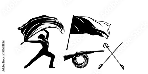 Color guard svg, Color guard flag svg, Marching band flag svg, Color guard rifle svg, Color guard sabres svg, Color guard silhouette, Color guard flag silhouette, Marching band flag silhouette