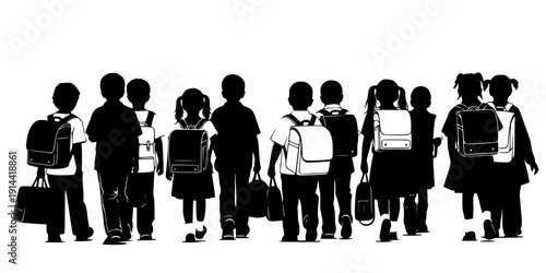 Group of children carrying school bags going to school silhouette, Children with schoolbag black silhouettes, Child carrying school bag silhouettes, Back to school kid carrying bay silhouette