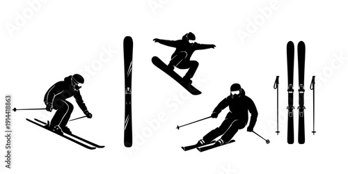 Skiing silhouette, Skier silhouette, Ski silhouette, Skier vector set, Snowboarding silhouette, Winter sport silhouette
