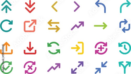 Collection of 24 diverse colorful icons representing various actions and directions displayed on a clean background viewed from a straightforward perspective.