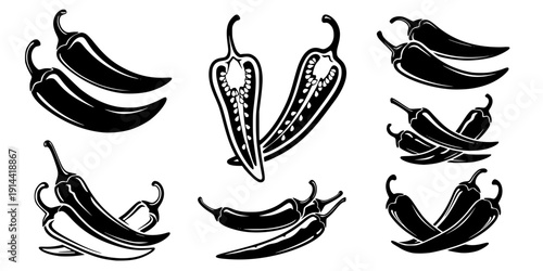 hili pepper silhouettes, Chili vector illustration, Chili pepper, Chili pepper clipart, Chili pepper logo, Hot chili pepper silhouettes, Chili, Half chili, Chili silhouette bundle. 