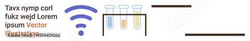 Science, laboratory research, wireless technology, data transfer, connectivity, digital communication. Test tubes with colorful liquids and a wireless symbol. Laboratory research and wireless