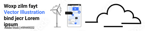 Renewable energy, mobile apps, technology, digital interfaces, data storage, cloud computing. Stylish wind turbine, smartphone with interface abstract cloud. Renewable energy and mobile apps concept