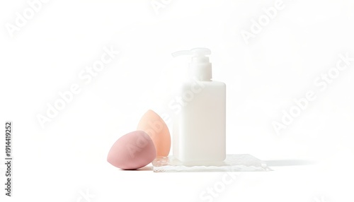 White cosmetic bottle with pump and two pink beauty blenders on white background for makeup and skincare routine