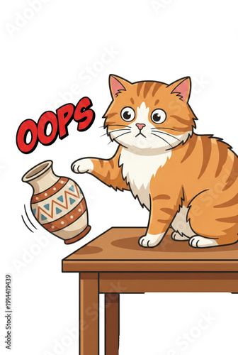 Clumsy Cat Knocking Over Vase Cartoon