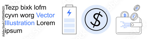 Energy solutions, financial services, cryptocurrency, digital transactions, budgeting, investment. Battery with lightning bolt, dollar coin wallet with coins. Energy solutions and financial services