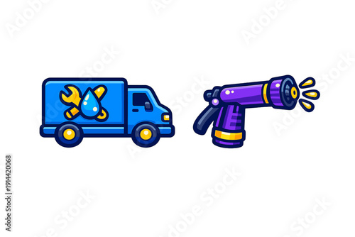 Blue mobile service van with wrench logo and purple pressure washer spray gun for professional cleaning and maintenance services