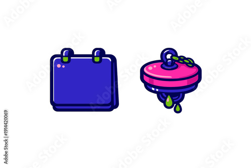 Stylized blue calendar icon and pink sink plug with green liquid drops on white background for graphic design elements