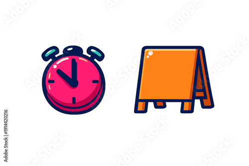 Pink alarm clock and orange sandwich board sign icons isolated on white background for business and time management concepts