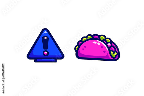 Stylized blue warning triangle icon with exclamation mark and vibrant pink taco with colorful fillings isolated on white background