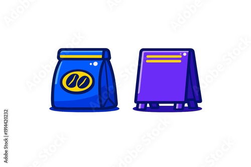 Blue coffee bean bag and purple sidewalk sandwich board sign isolated on white background for cafe or coffee shop branding