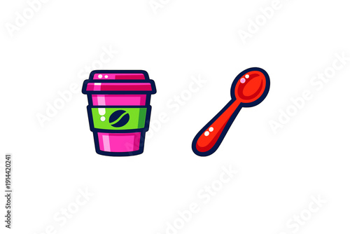 Colorful cartoon coffee cup with a green sleeve and a red spoon for breakfast or cafe concept