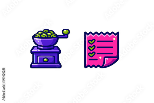 Purple coffee grinder with green beans and pink checklist with checkmarks on white background