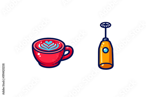 Red coffee cup with blue latte art heart and orange handheld milk frother isolated on white background