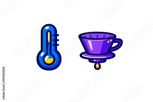 Blue thermometer and purple coffee dripper icons for brewing temperature control and pour over coffee preparation on white background