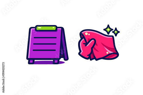 Cleaning service icons featuring a purple sidewalk sign and a gloved hand holding a pink cloth with sparkles on a white background