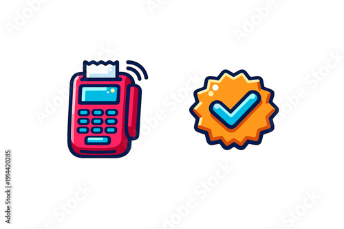 Red POS terminal with receipt and blue checkmark badge for successful payment transaction on white background