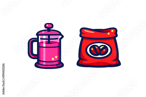 Pink French press coffee maker and red bag of roasted coffee beans on white background