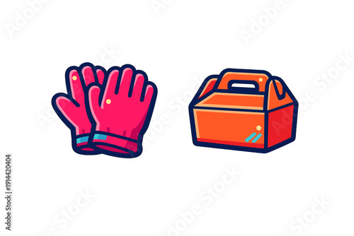 Pair of pink protective work gloves and orange plastic toolbox icons isolated on white background for construction or gardening projects