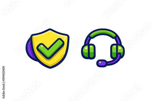 Customer support and security icons featuring a yellow shield with a green checkmark and a colorful headset with microphone