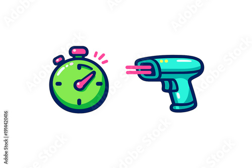 Green stopwatch and futuristic laser scanner gun icons isolated on white background for gaming or technology concepts