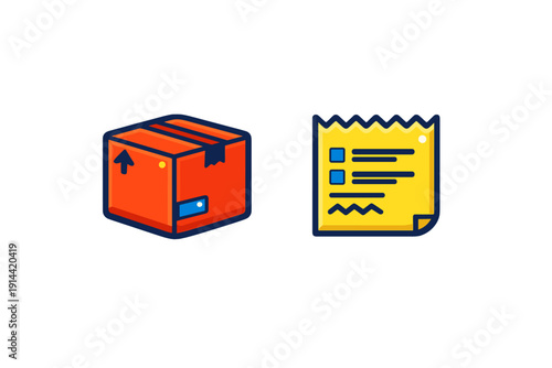Orange cardboard box parcel and yellow paper receipt invoice icons for shipping delivery and logistics services on white background