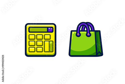 Yellow calculator and green shopping bag icons for retail and finance concepts on white background