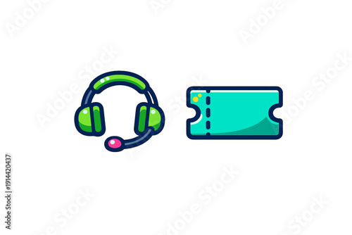 Stylized green headset with microphone and teal ticket icons isolated on white background for customer support and event booking