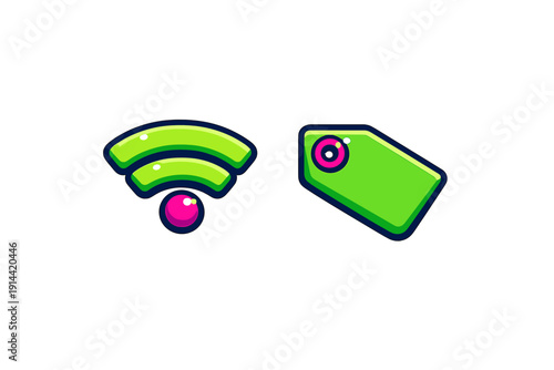Glossy green and pink wifi signal and price tag icons isolated on white background for user interface design