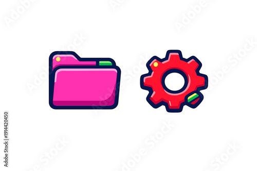 Pink folder and red gear icons for computer interface and settings management on white background
