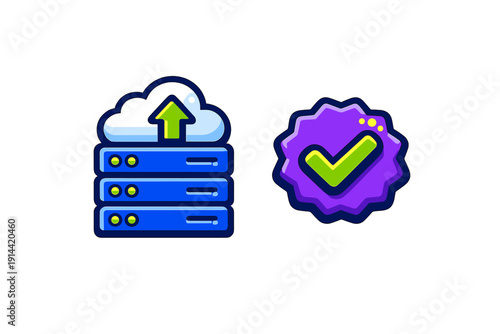 Cloud computing server rack with upload arrow and purple verified checkmark badge for data storage and network security