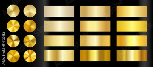 Luxury gold gradient collection and radial metallic mesh palettes. Vector set of golden foil textures, yellow brass and polished bronze swatches for elegant branding, jewelry design and premium decor.