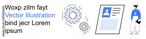 Teamwork, project management, identity verification, corporate training, organizational efficiency, digital innovation. Gears, ID card and professional figure. Teamwork and project management