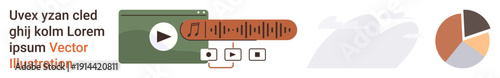 Digital marketing, video editing, user interface design, audio streaming, media playback, data analysis. A media player with audio controls and a pie chart. Digital marketing and video editing