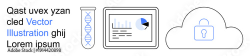 Cybersecurity, data storage, genomics, analytics, cloud computing, research. Features DNA helix, analytics on tablet locked cloud. Cybersecurity and data storage concepts illustrated