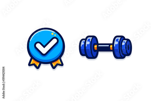 Blue badge with checkmark and heavy dumbbell icon for fitness achievement and sports progress tracking isolated on white background