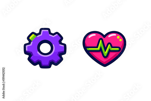 Purple gear and pink heart with heartbeat line icons representing health technology and medical maintenance concepts