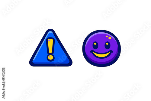 Blue warning triangle with exclamation mark and purple happy smiley face emoji icons on white background