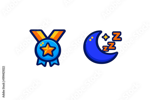 Blue medal with orange star and crescent moon with sleeping symbols for achievement and rest