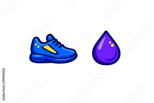 Blue athletic running shoe and purple water drop icons isolated on white background for fitness and hydration concepts