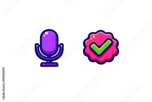 Purple microphone icon and pink badge with green checkmark symbol for podcasting and verification isolated on white background