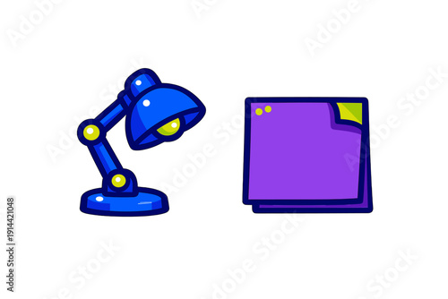 Blue desk lamp and purple sticky note pad isolated on white background for and study concept