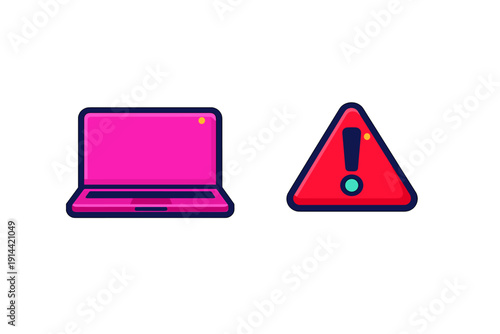 Pink laptop computer and red triangle warning sign with exclamation mark for technical error alert and system notification