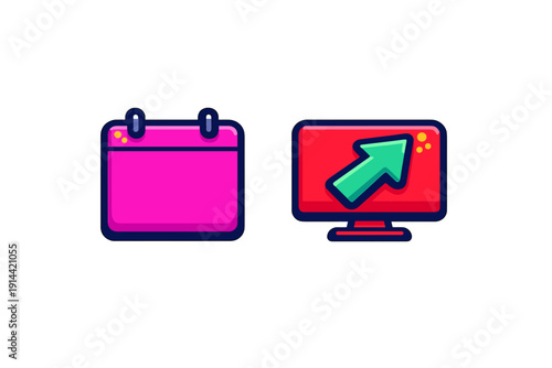 Pink calendar planner icon and red computer monitor with green arrow pointing up for business growth and scheduling
